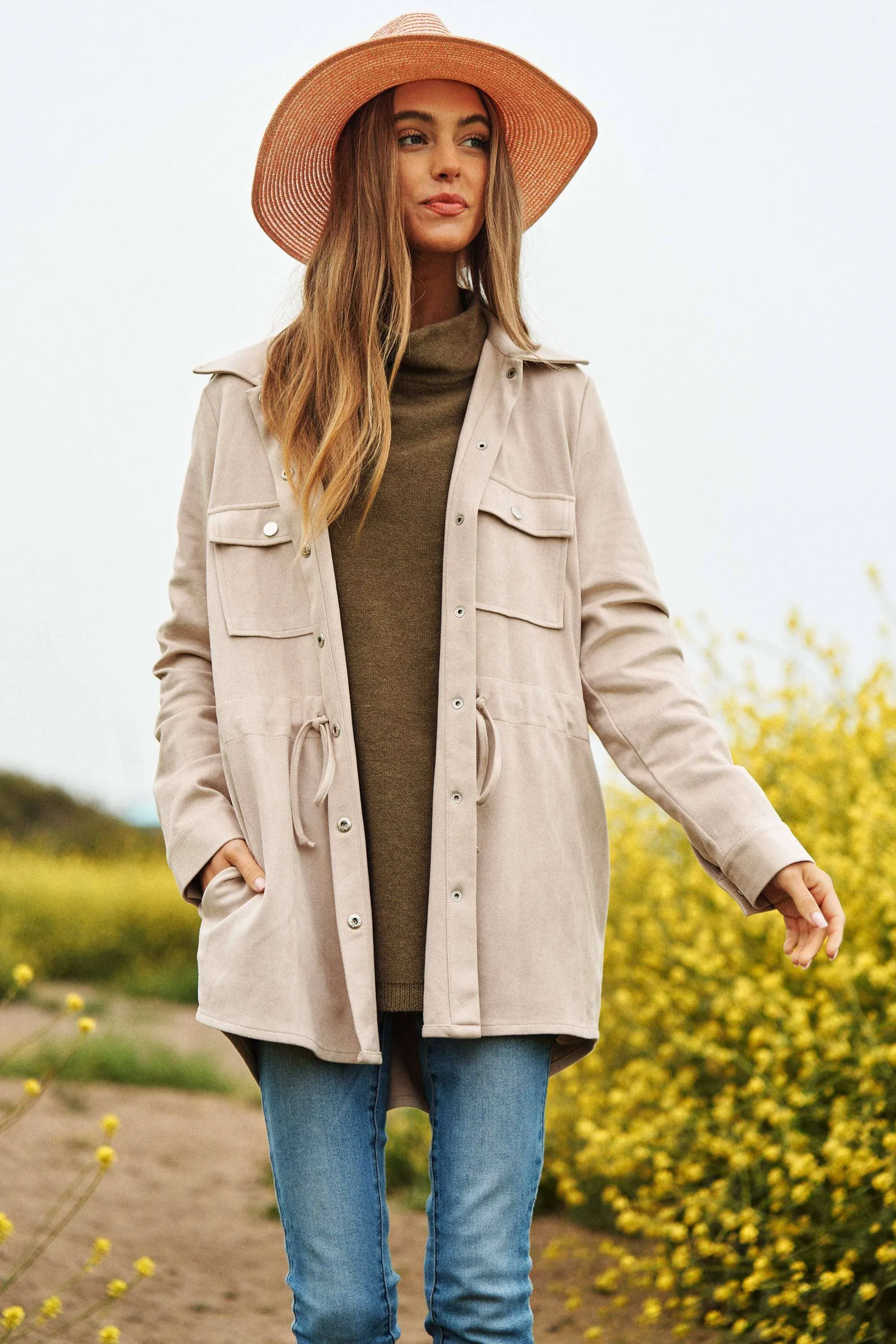 Faux Suede Snap Shacket in Beige