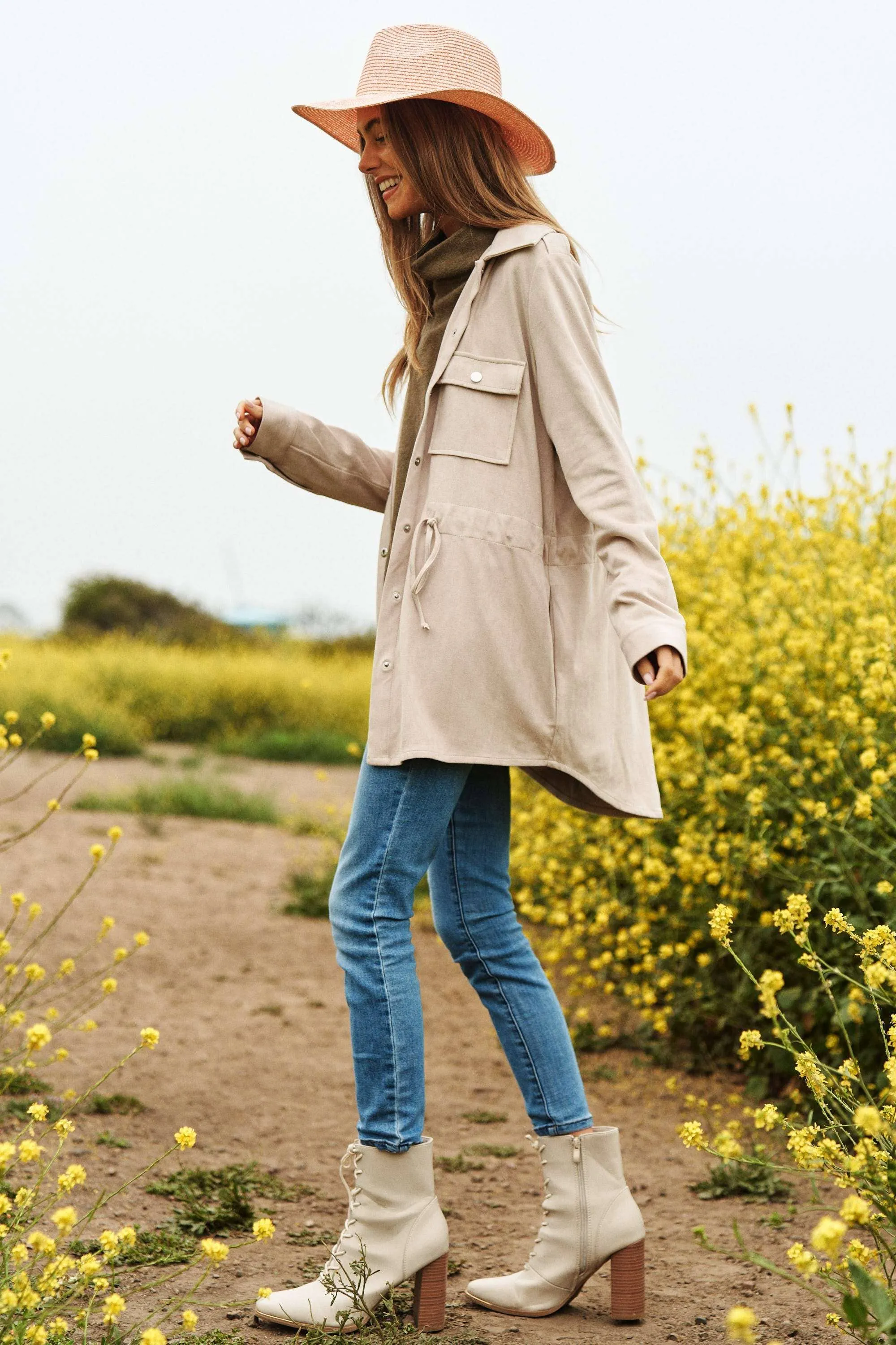 Faux Suede Snap Shacket in Beige
