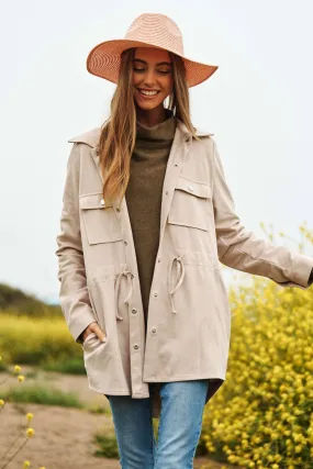 Faux Suede Snap Shacket in Beige
