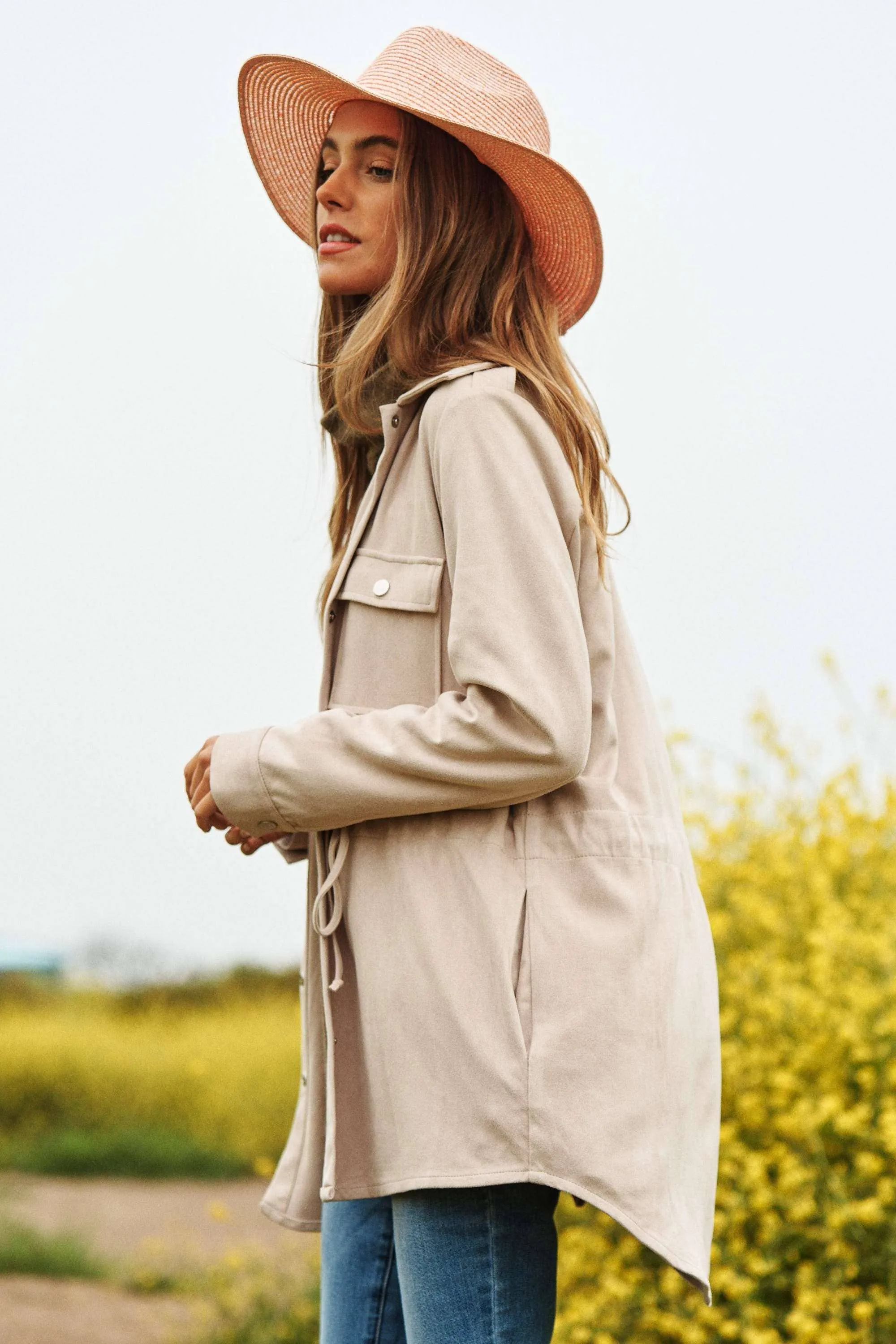 Faux Suede Snap Shacket in Beige