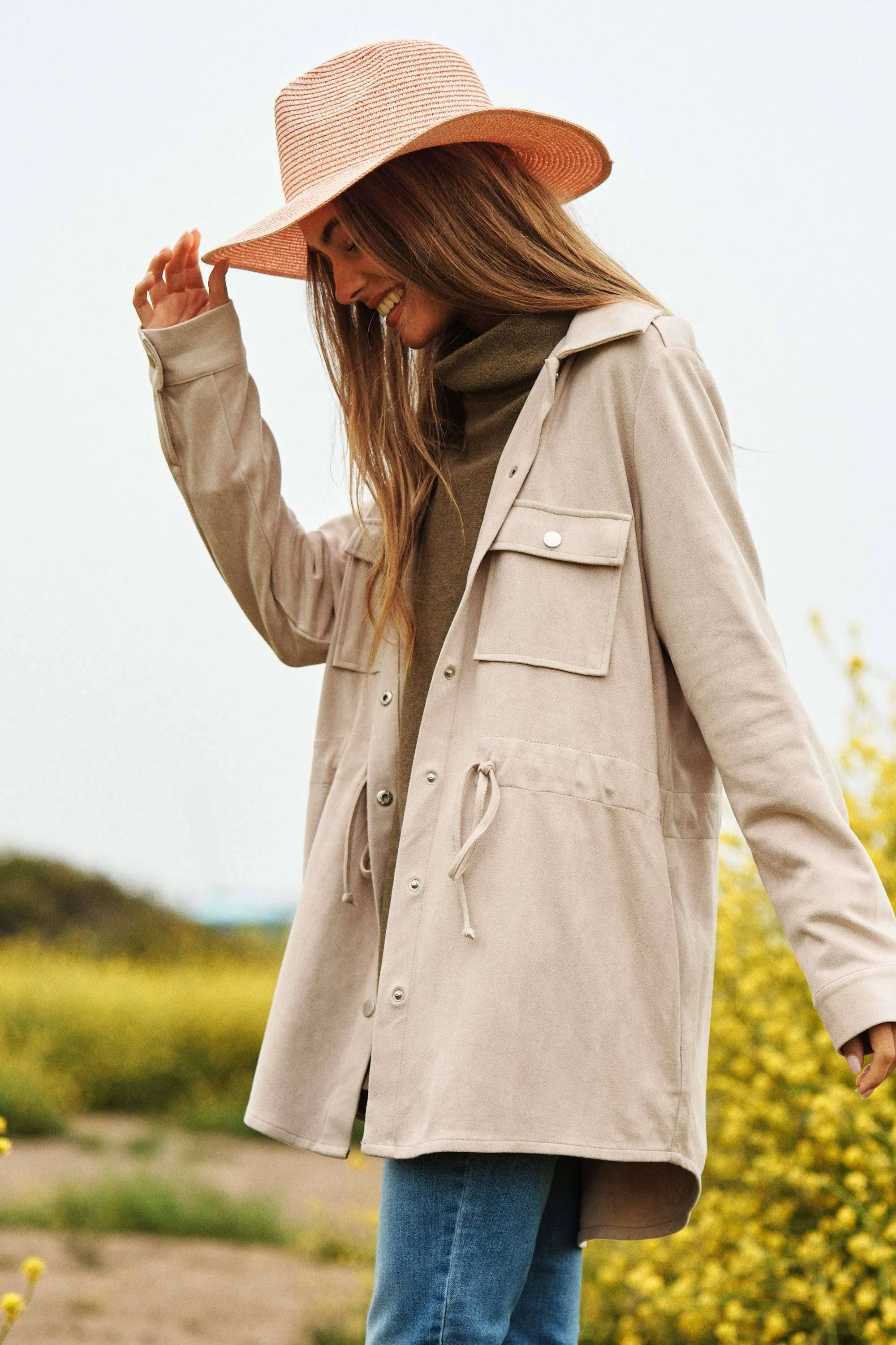 Faux Suede Snap Shacket in Beige