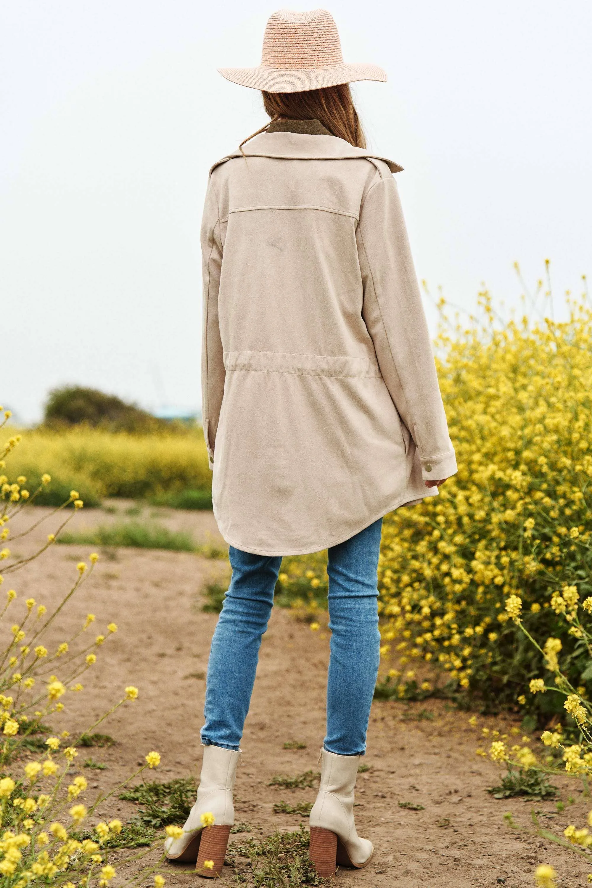 Faux Suede Snap Shacket in Beige