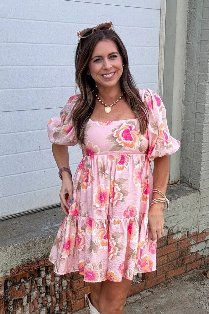 Flirty Floral Puff Sleeve Mini Dress-Light Pink