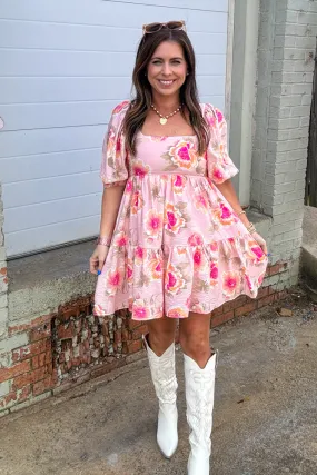 Flirty Floral Puff Sleeve Mini Dress-Light Pink