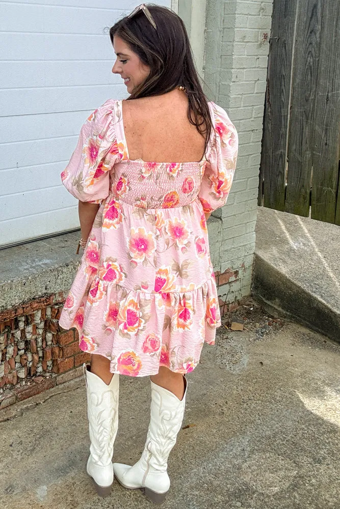 Flirty Floral Puff Sleeve Mini Dress-Light Pink