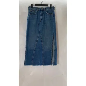 FREE PEOPLE Women's Blue Denim Side-Slit Raw-Hem Five Pocket Midi Skirt SZ 6