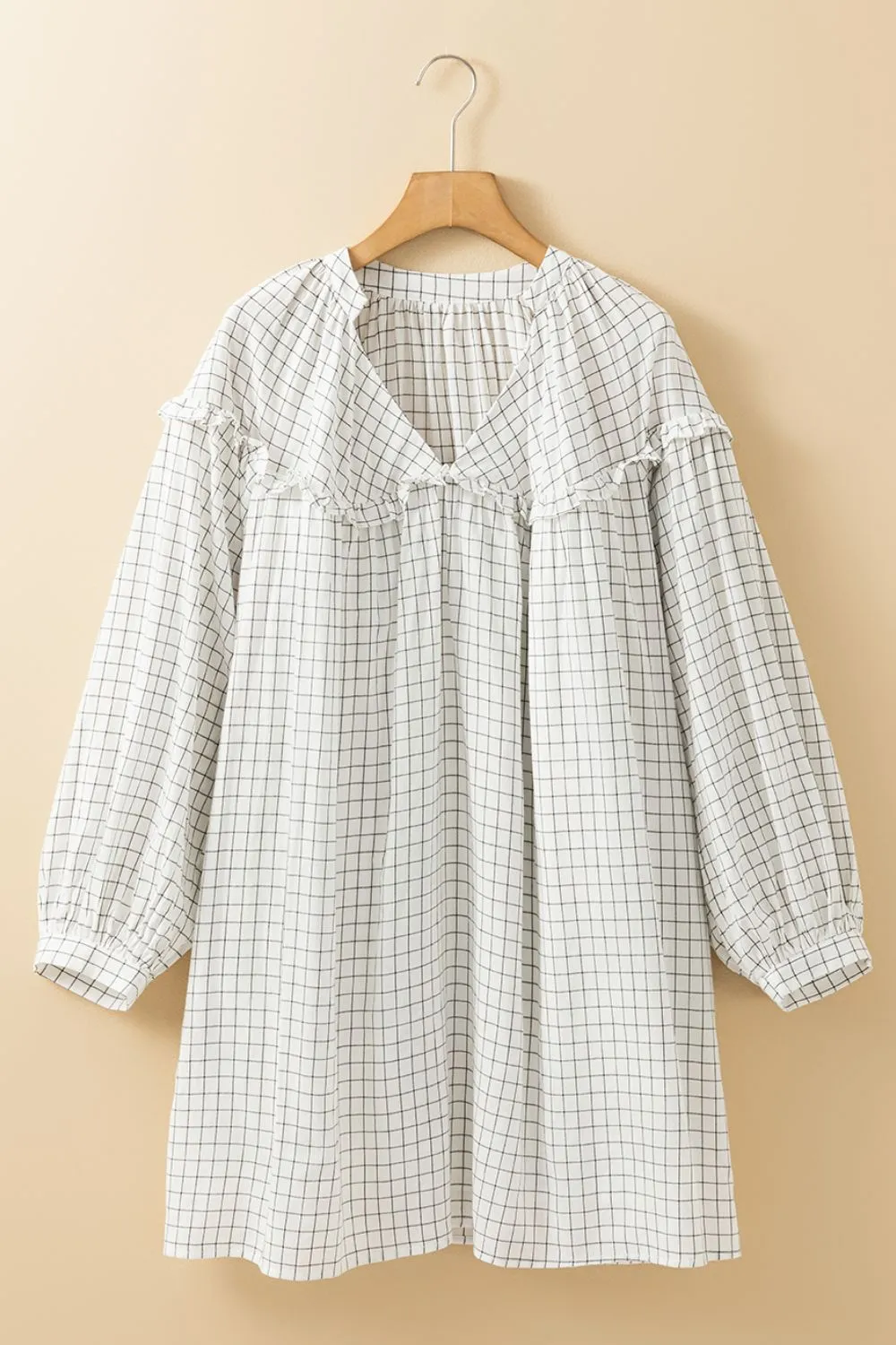 Frill Plaid Notched Balloon Sleeve Mini Dress