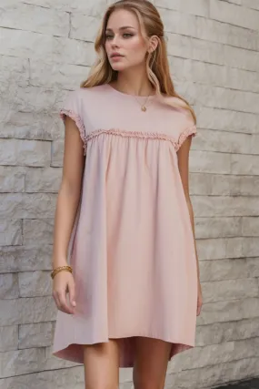Frilled Trim Crew Neck Cap Sleeve Loose Fit Mini Dress