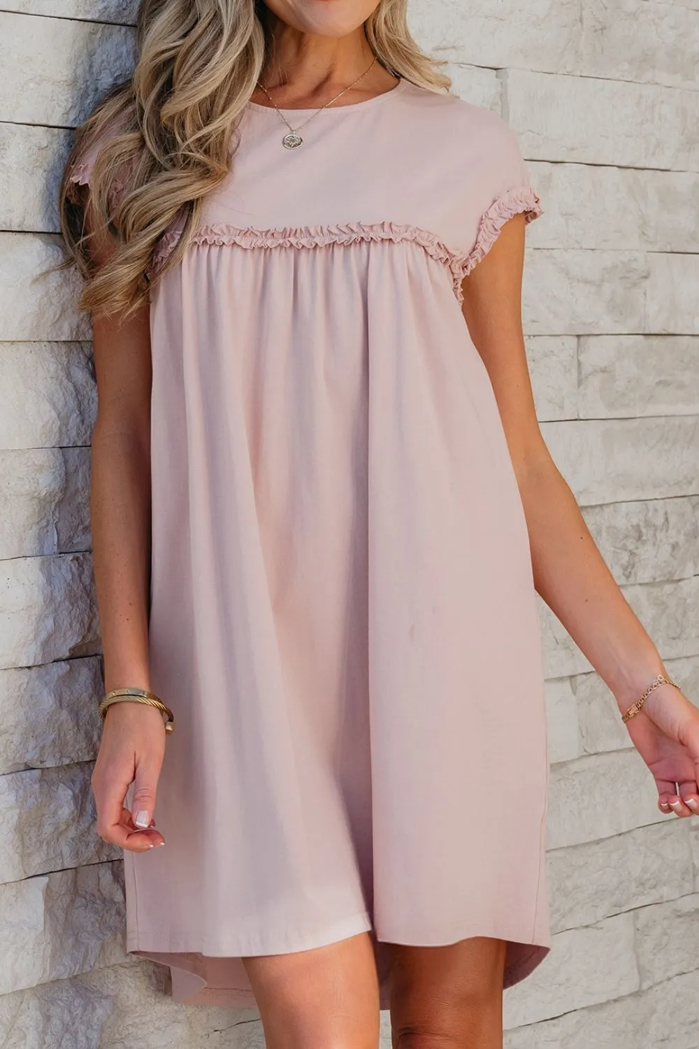 Frilled Trim Crew Neck Cap Sleeve Loose Fit Mini Dress