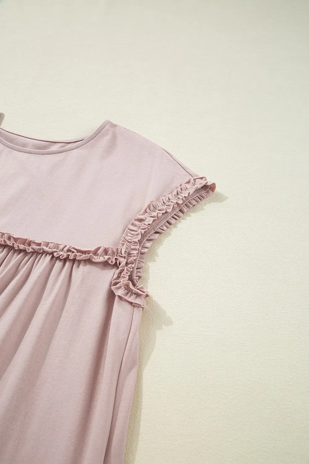 Frilled Trim Crew Neck Cap Sleeve Loose Fit Mini Dress