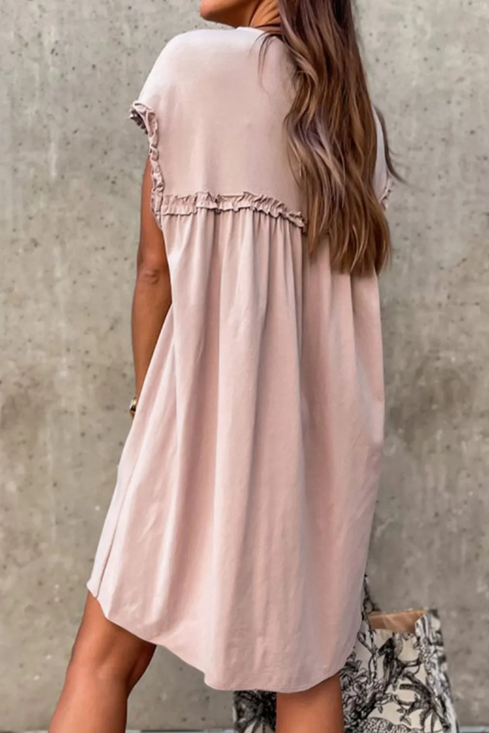 Frilled Trim Crew Neck Cap Sleeve Loose Fit Mini Dress