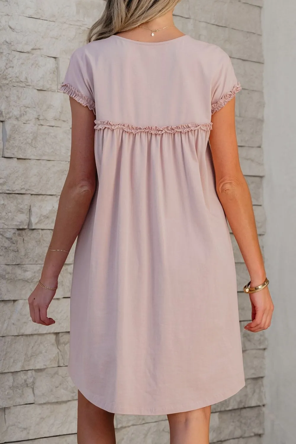 Frilled Trim Crew Neck Cap Sleeve Loose Fit Mini Dress