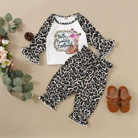 Girls Flared Sleeve Letter Leopard Printed Tops & Trousers
