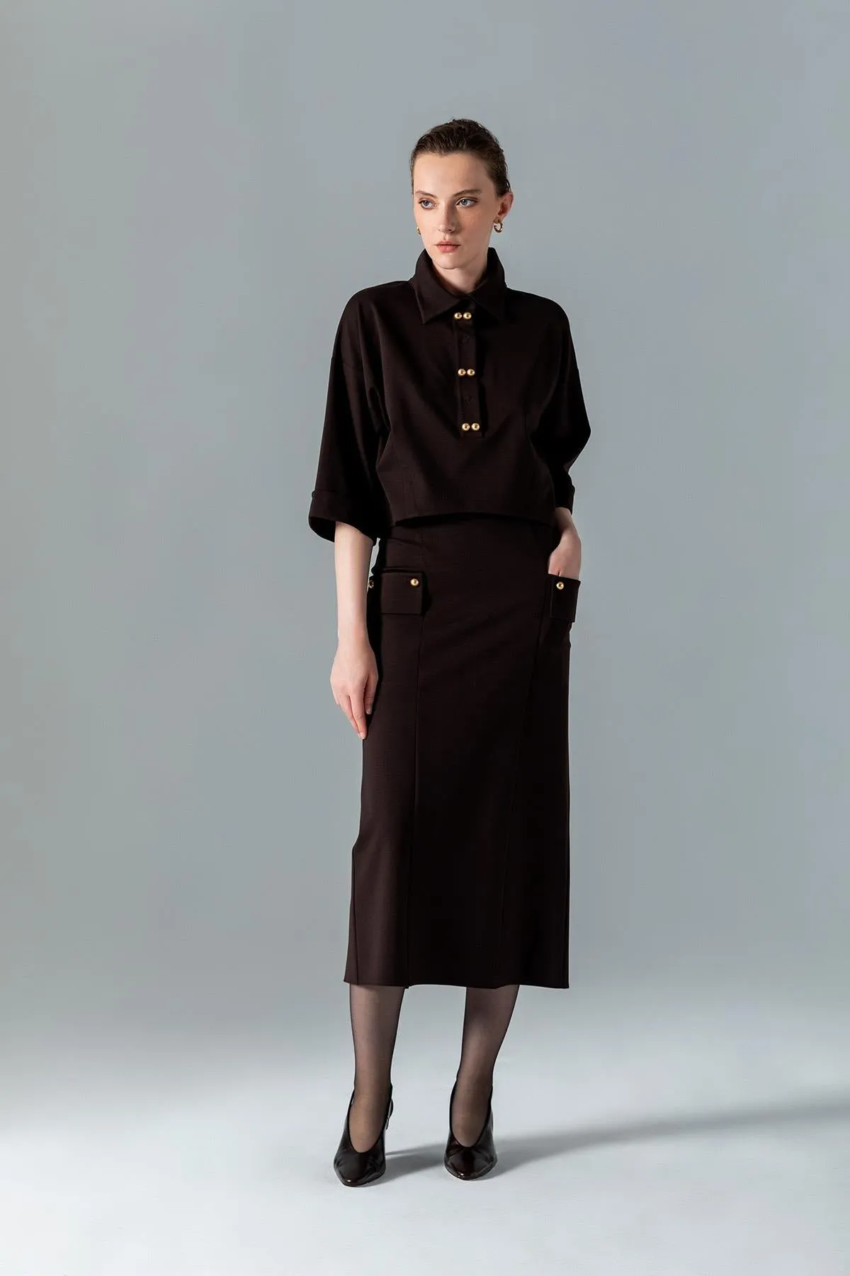 Gold Button Detail Midi Skirt Brown