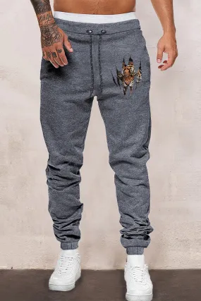 Gray Men Solid Drawstring Waist Tiger Print Sweatpants