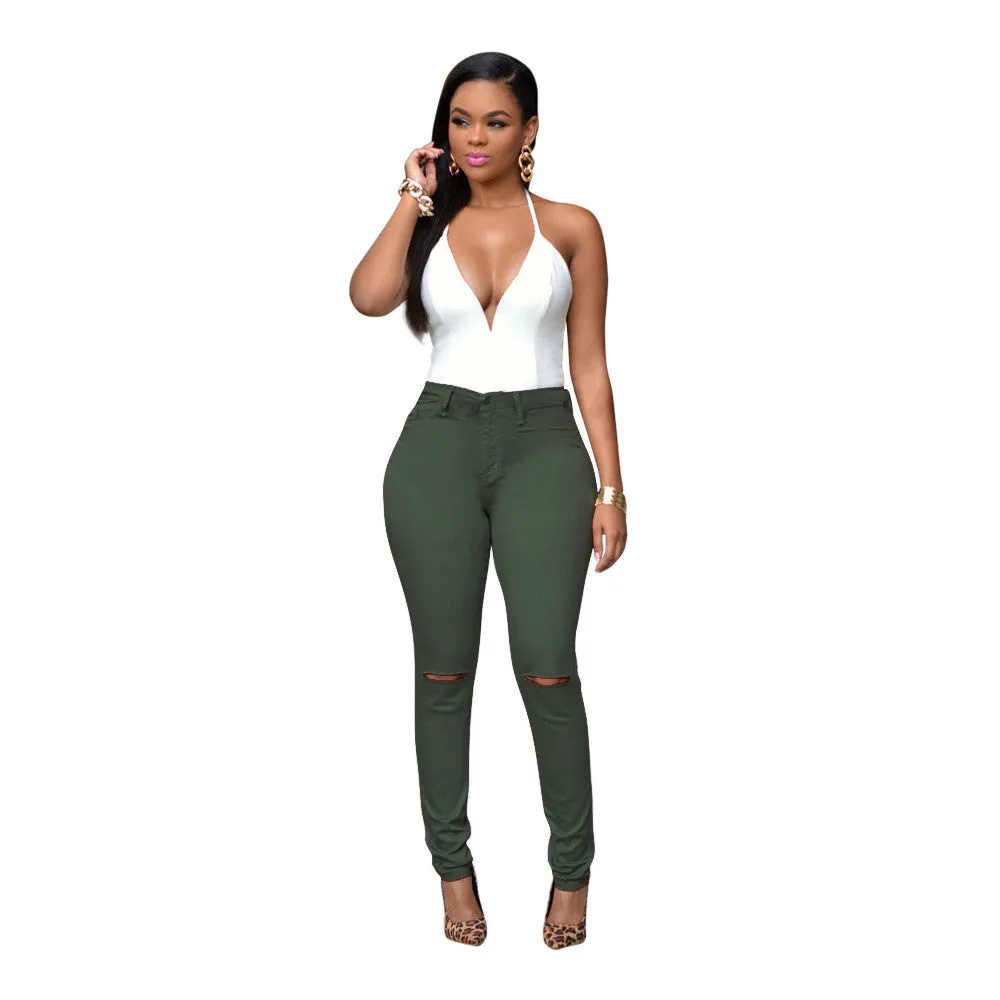 High Waist Elastic Pure Color Holes Slim Pants