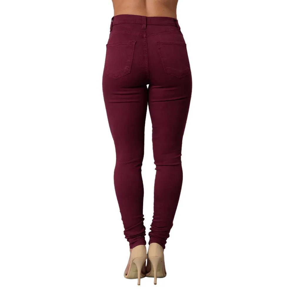 High Waist Elastic Pure Color Holes Slim Pants