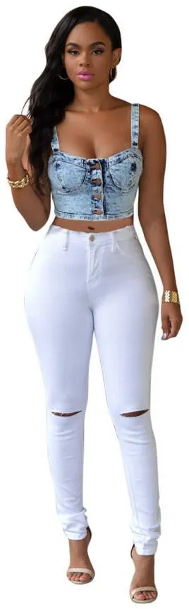 High Waist Elastic Pure Color Holes Slim Pants