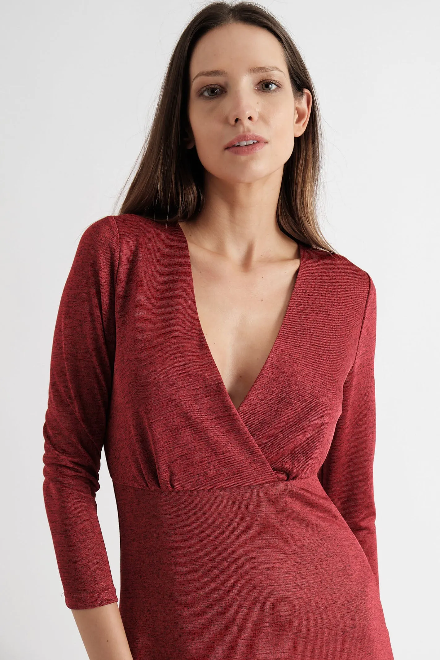 Louche Sona Red Marl Faux Wrap Midi Dress with Sleeves