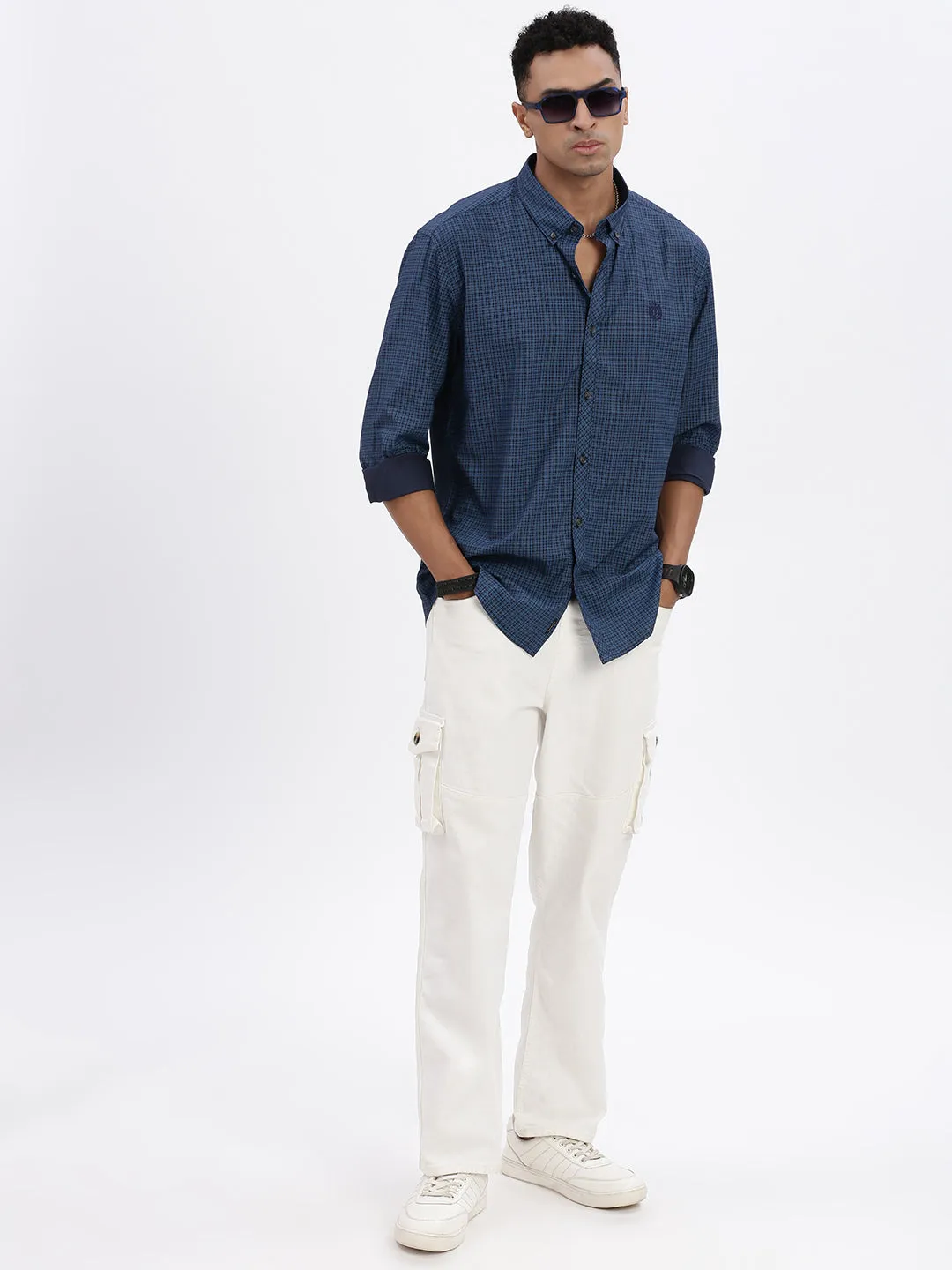 Men Blue Checked Slim Fit Shirt