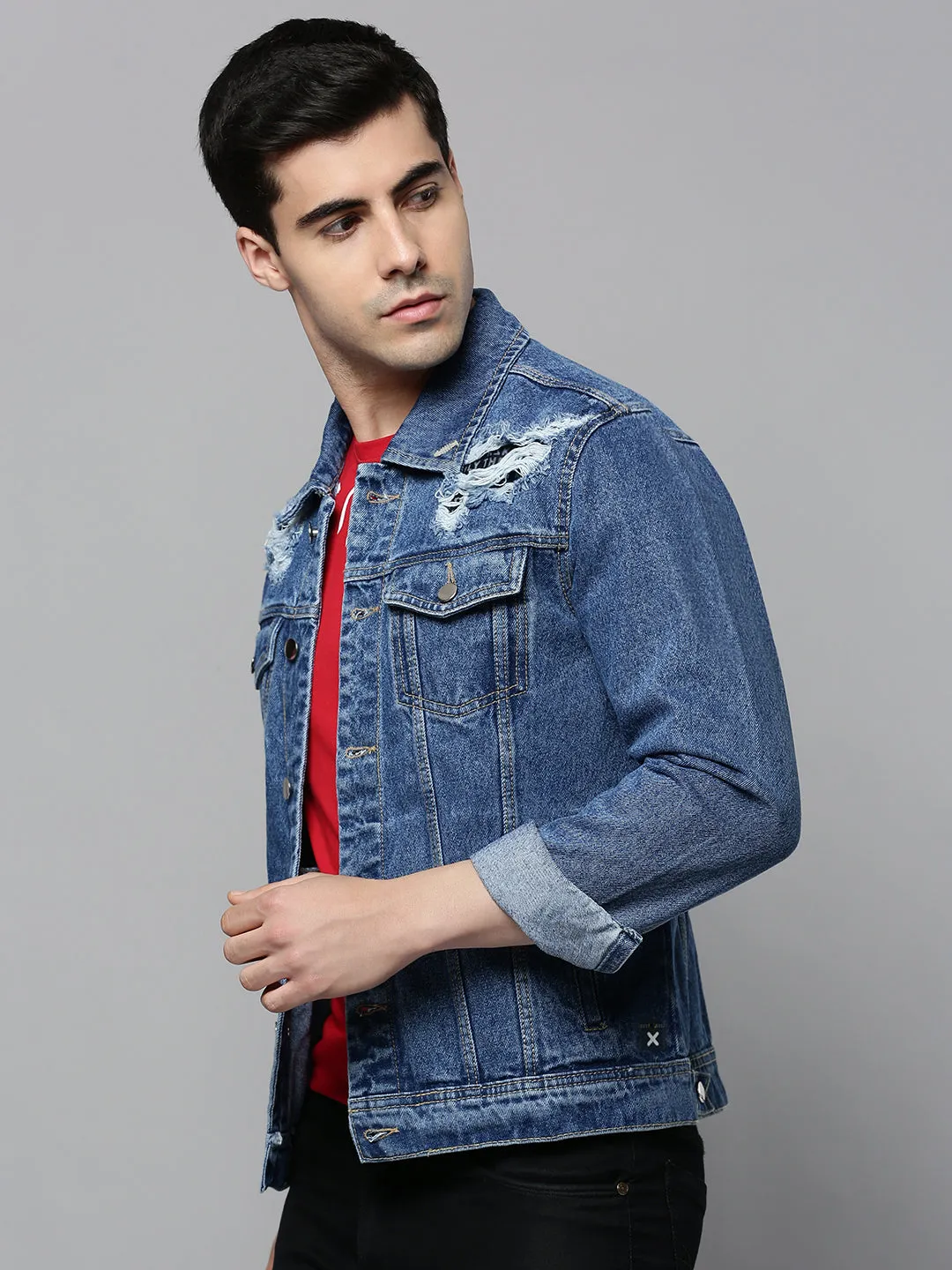 Men Blue Solid Denim Jacket