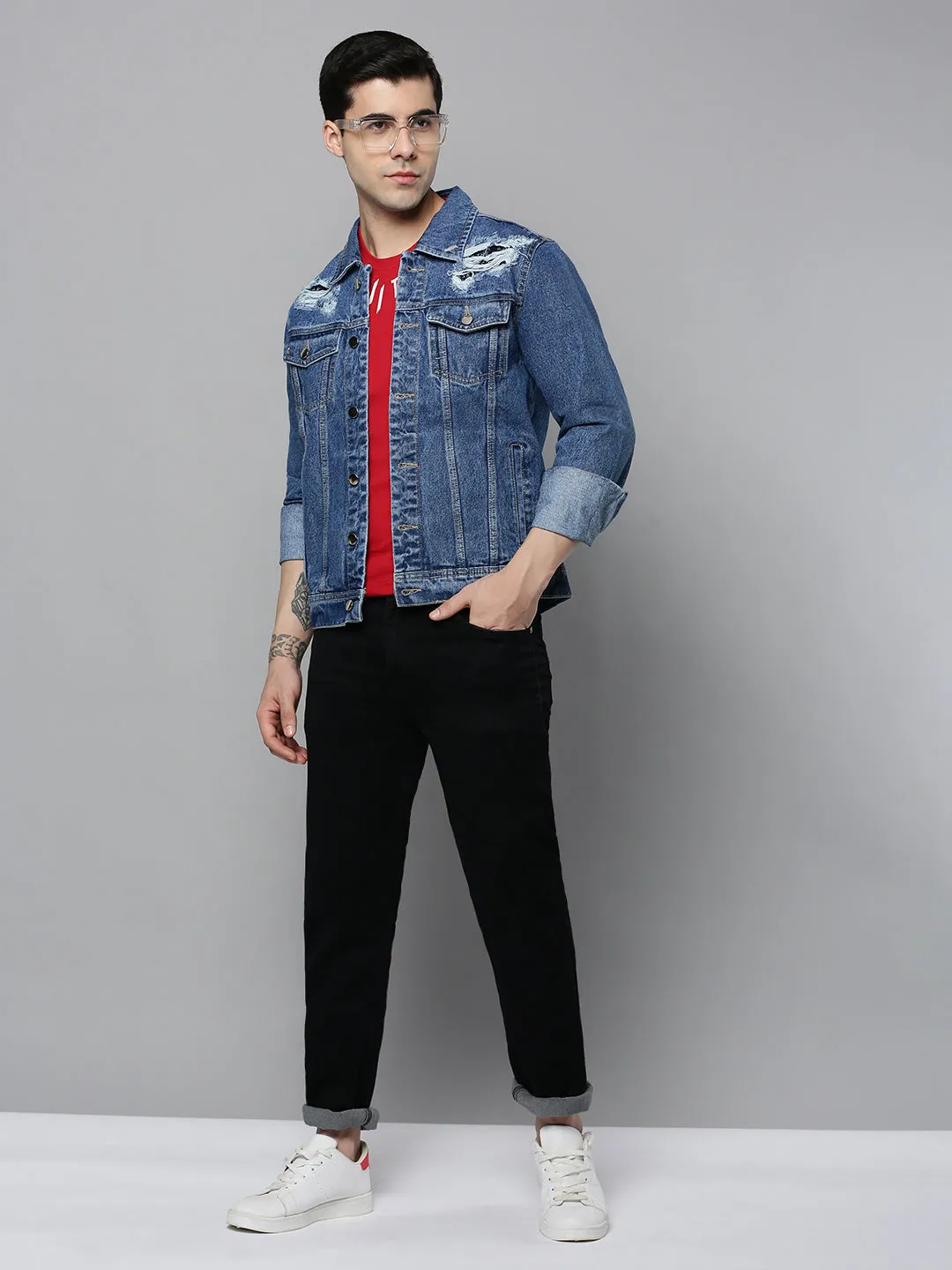 Men Blue Solid Denim Jacket