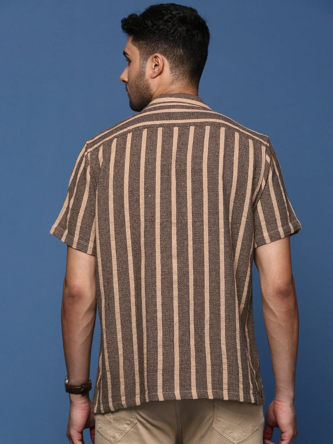 Men Cuban Collar Striped Beige Relaxed Fit Shirt