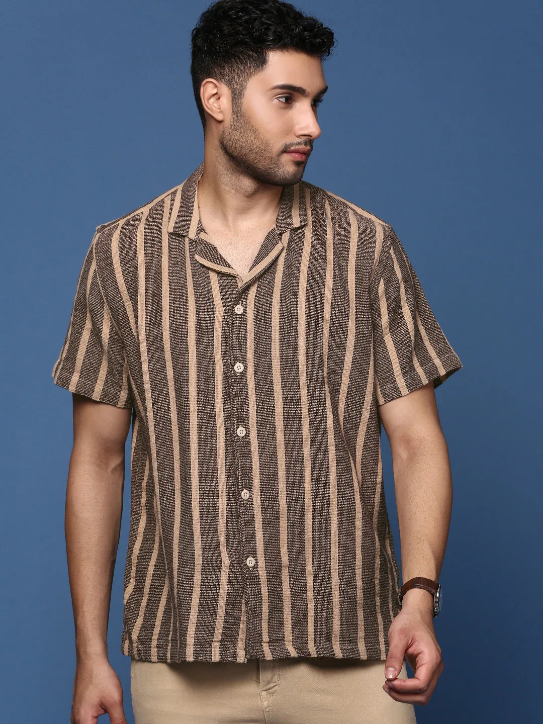 Men Cuban Collar Striped Beige Relaxed Fit Shirt