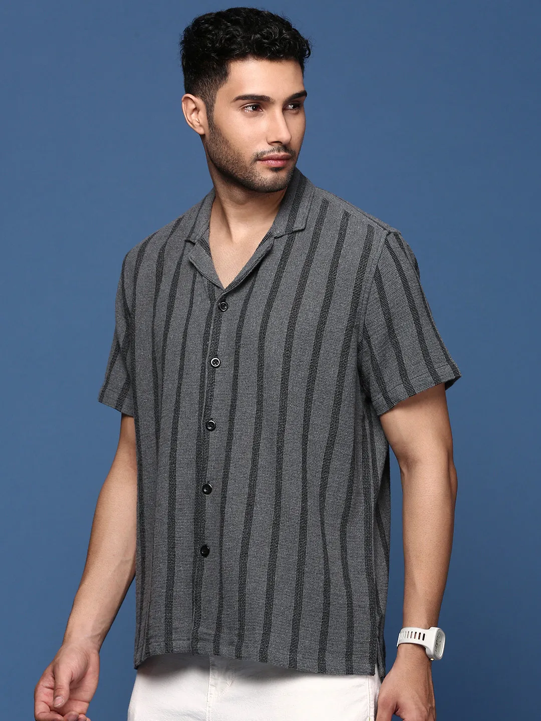 Men Cuban Collar Striped Charcoal Relaxed Fit Shirt