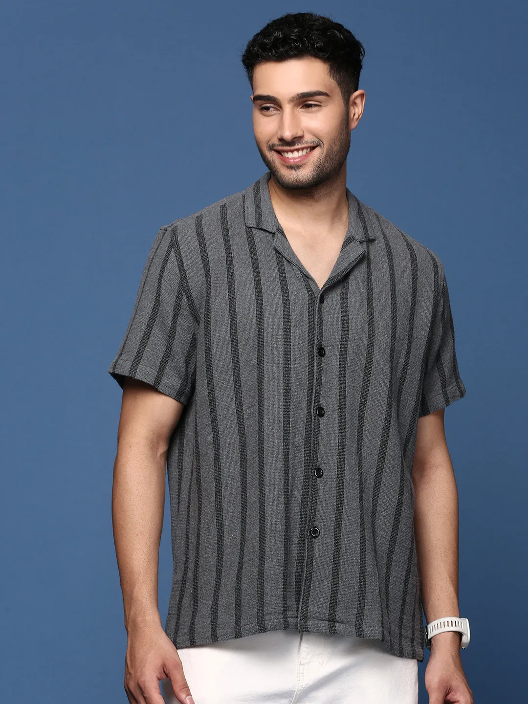 Men Cuban Collar Striped Charcoal Relaxed Fit Shirt