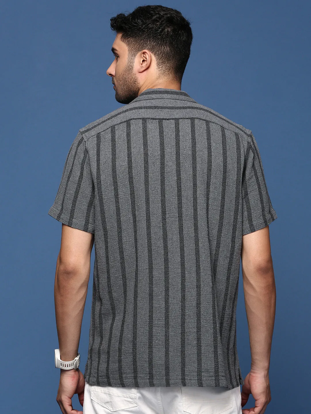 Men Cuban Collar Striped Charcoal Relaxed Fit Shirt