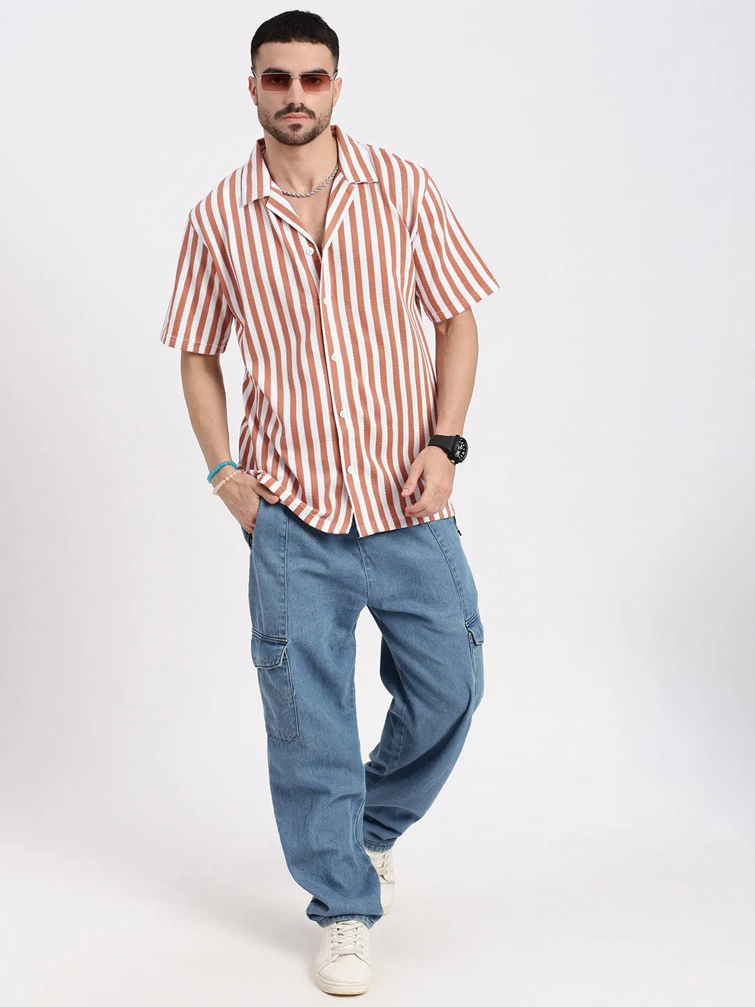 Men Orange Cuban Collar Striped Shirt