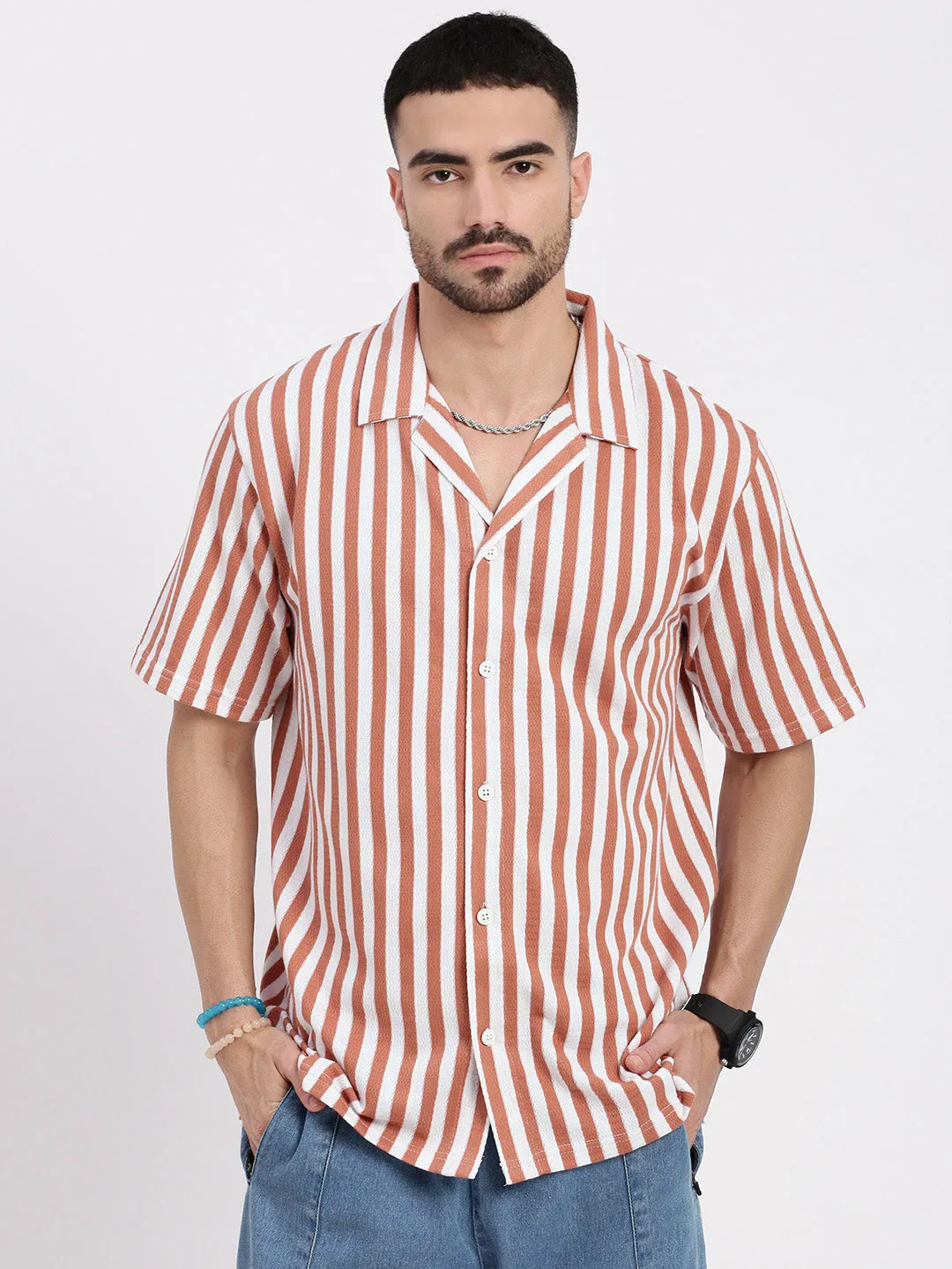 Men Orange Cuban Collar Striped Shirt