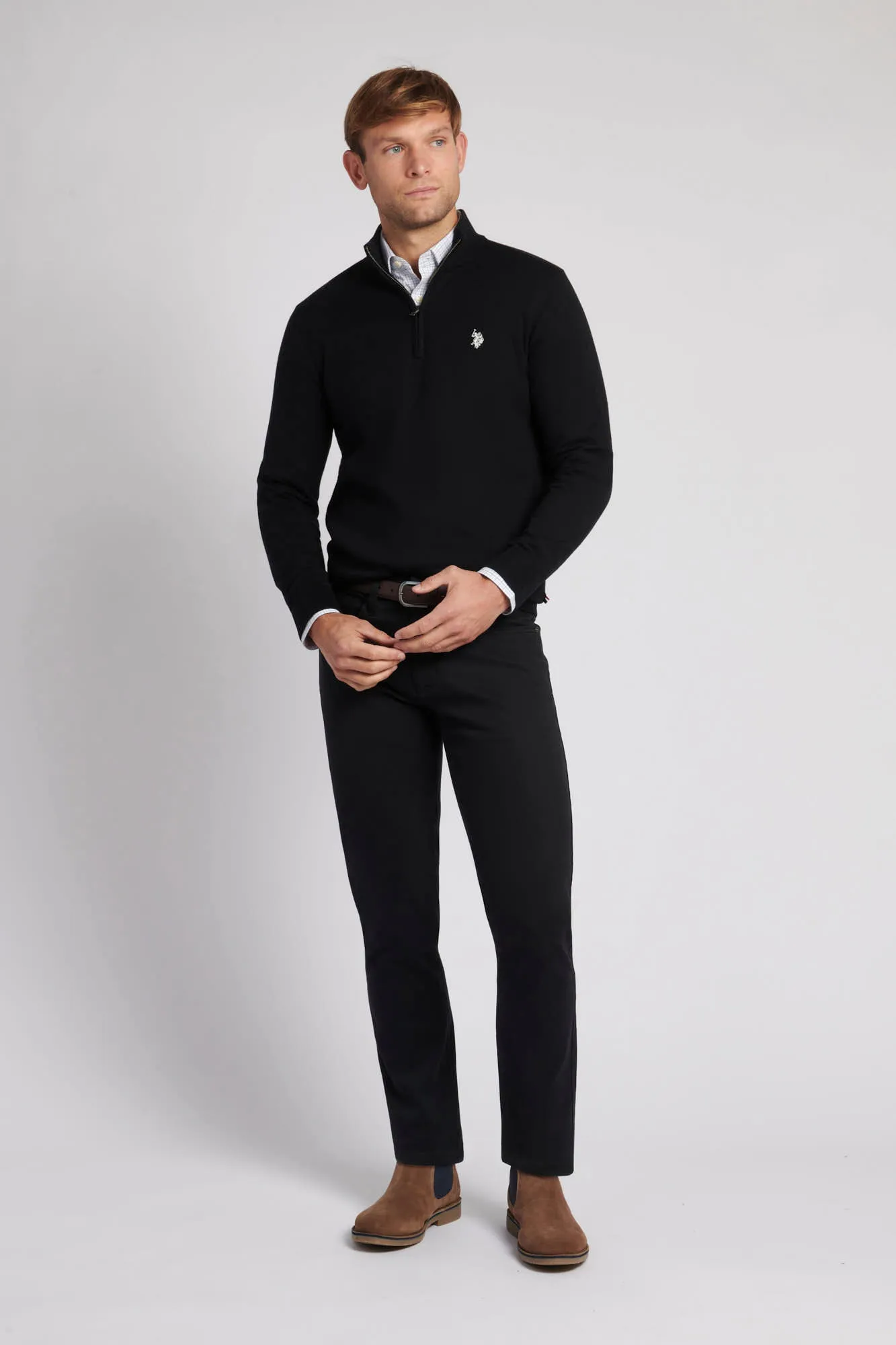 Mens Cotton Funnel Neck 1/4 Zip Knit in Black Bright White DHM