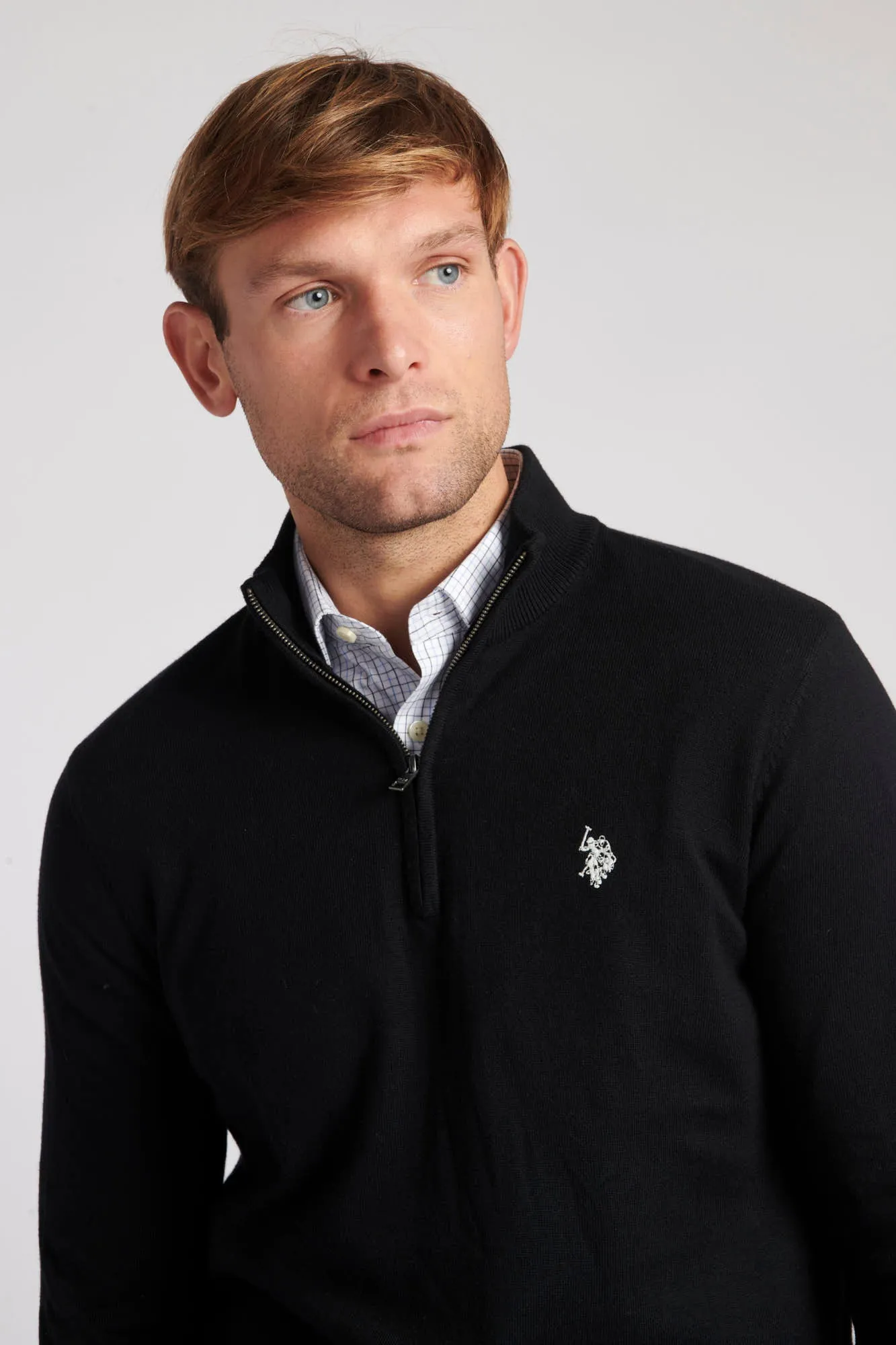 Mens Cotton Funnel Neck 1/4 Zip Knit in Black Bright White DHM