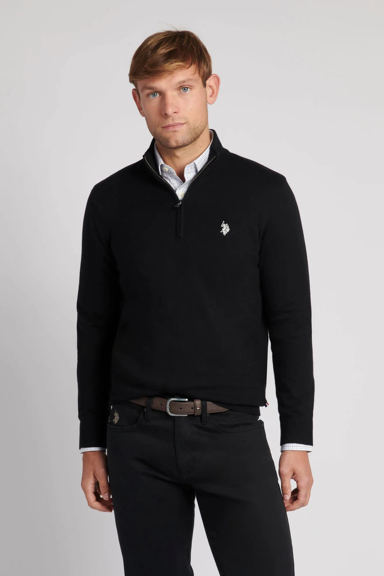 Mens Cotton Funnel Neck 1/4 Zip Knit in Black Bright White DHM