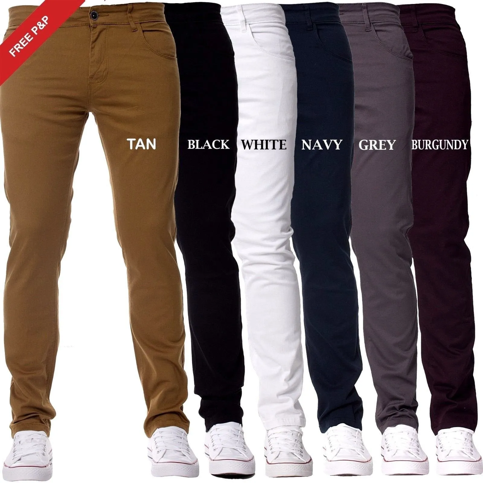 Mens Slim Fit Chinos Stretch Skinny Casual Smart Jeans All Waist
