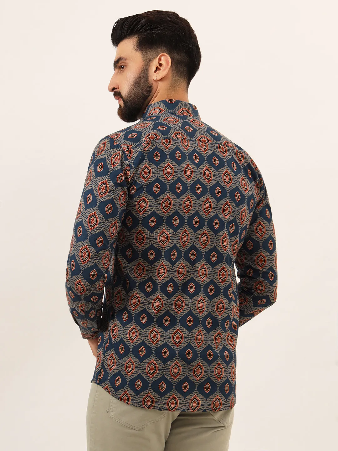 MILLENNIAL MEN Blue Printed Pure Cotton Regular Fit Casual Full Sleeve