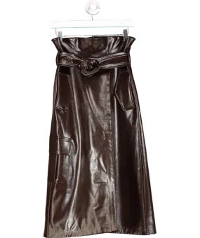 Mirimalist Brown Sepia Leather Wrap Midi Skirt UK M