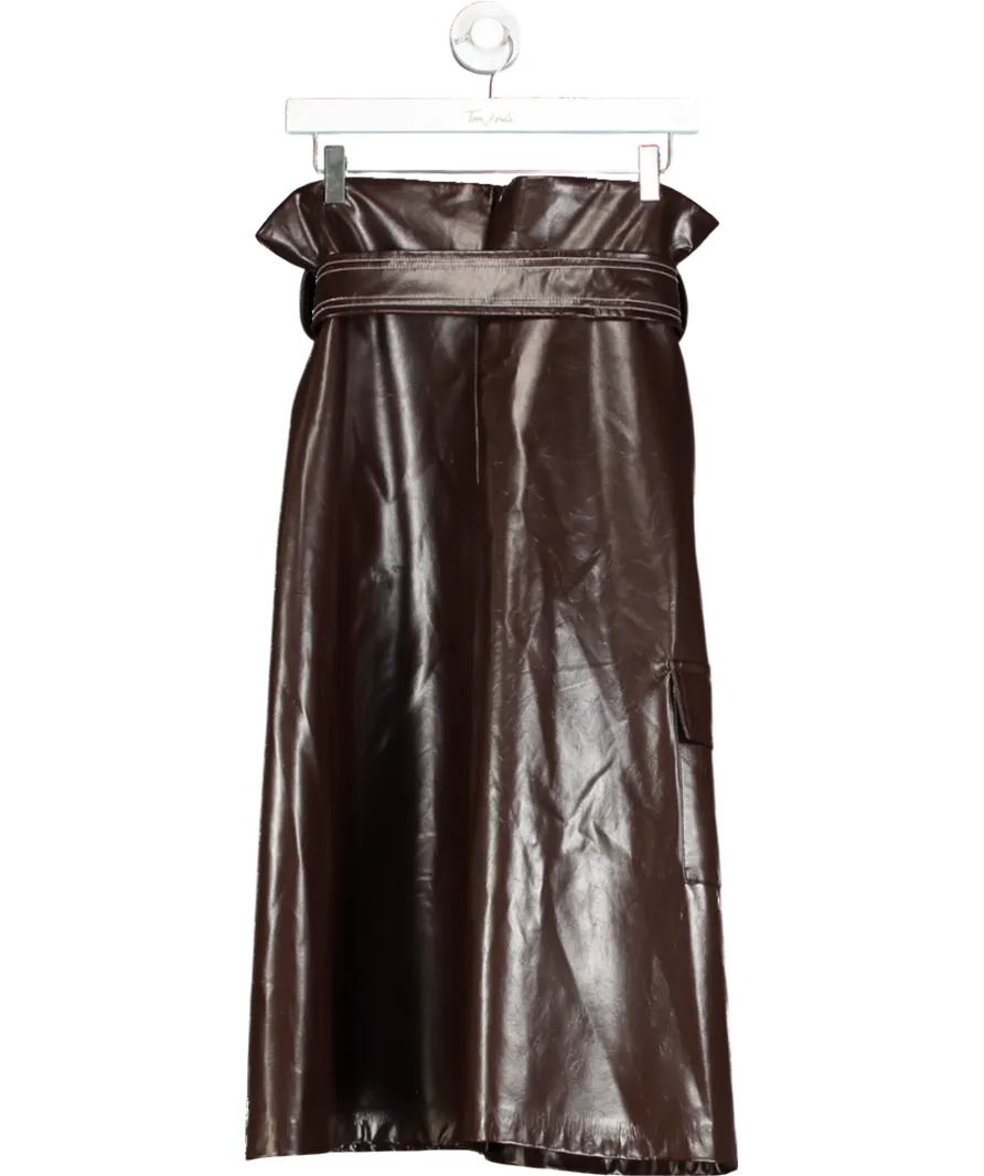 Mirimalist Brown Sepia Leather Wrap Midi Skirt UK M