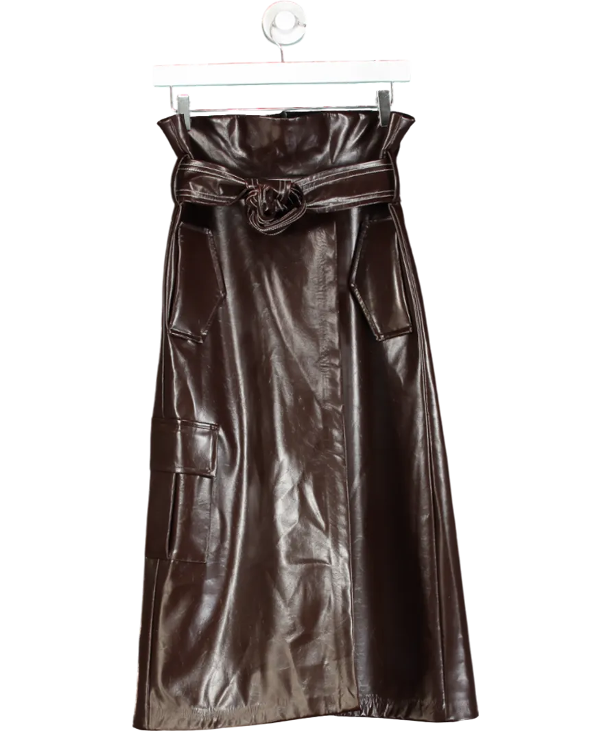 Mirimalist Brown Sepia Leather Wrap Midi Skirt UK M