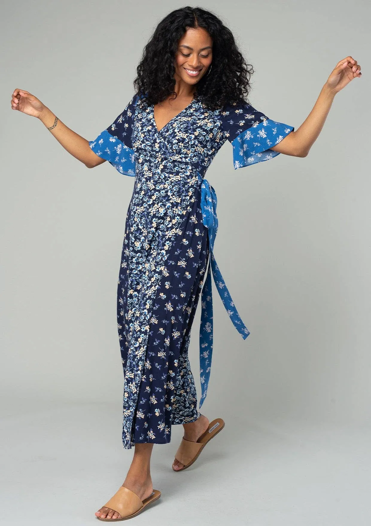Multi Floral Short Sleeve Wrap Maxi Dress