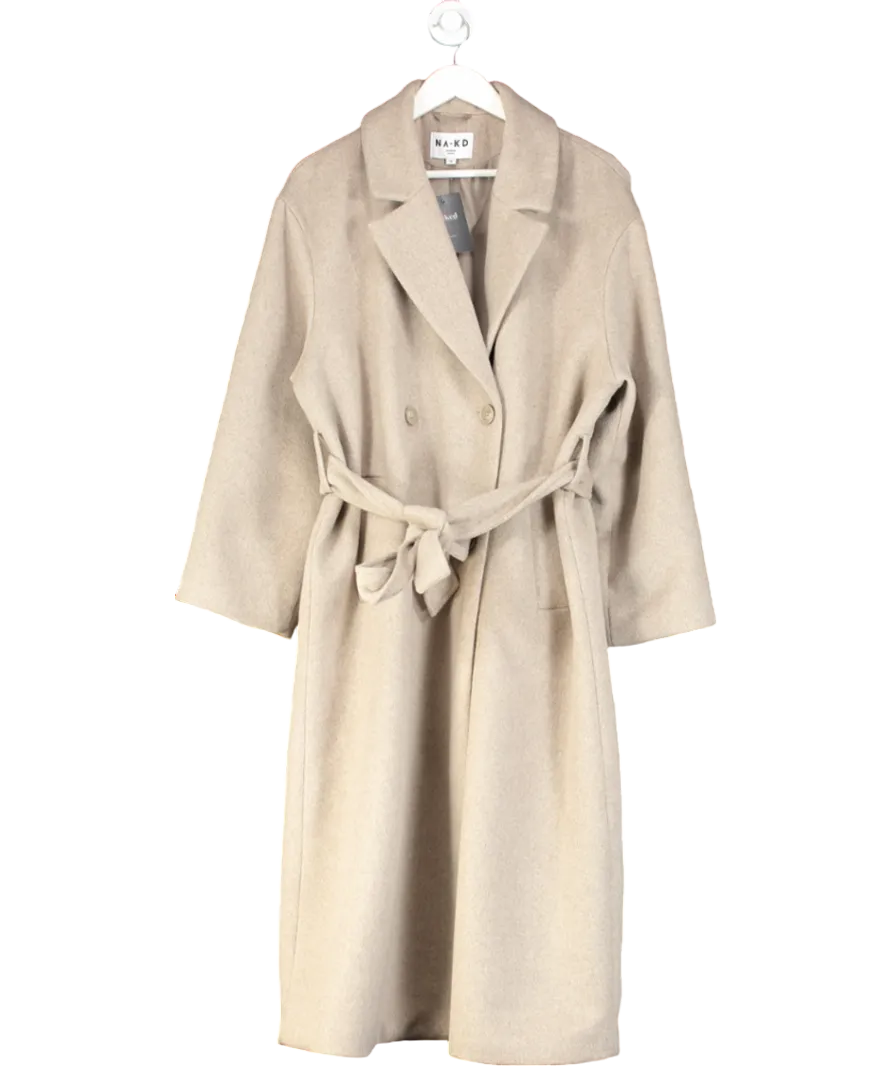 NA-KD Beige Wool Blend Scarf Detail Coat UK 8