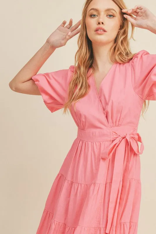 Pink Bubble Puff Sleeve Tiered Midi Wrap Dress