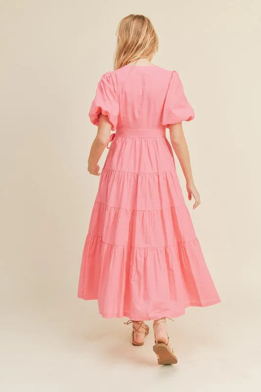 Pink Bubble Puff Sleeve Tiered Midi Wrap Dress