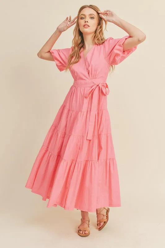 Pink Bubble Puff Sleeve Tiered Midi Wrap Dress
