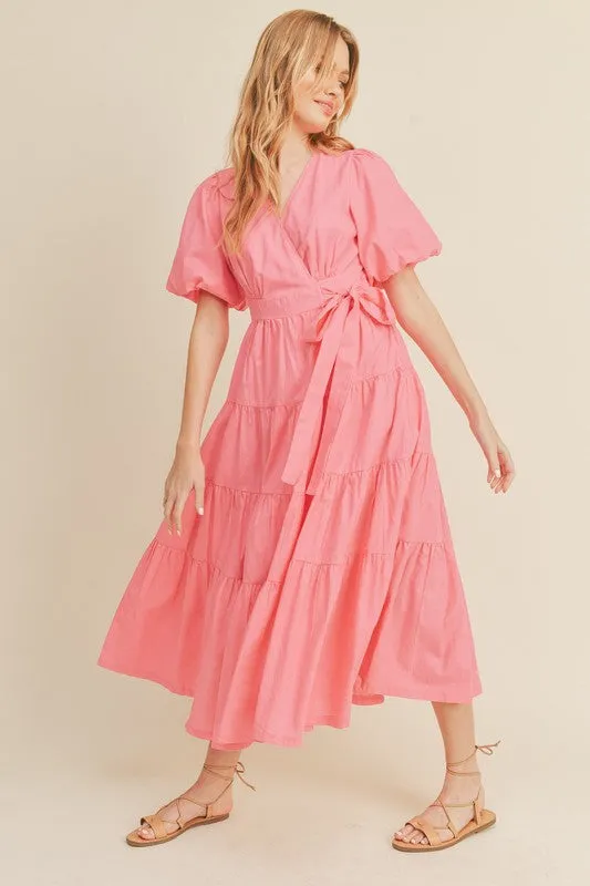 Pink Bubble Puff Sleeve Tiered Midi Wrap Dress