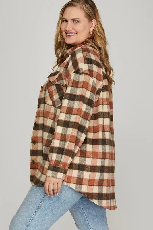 Plus MADI-  Plaid Cinnamon oversized button up shacket