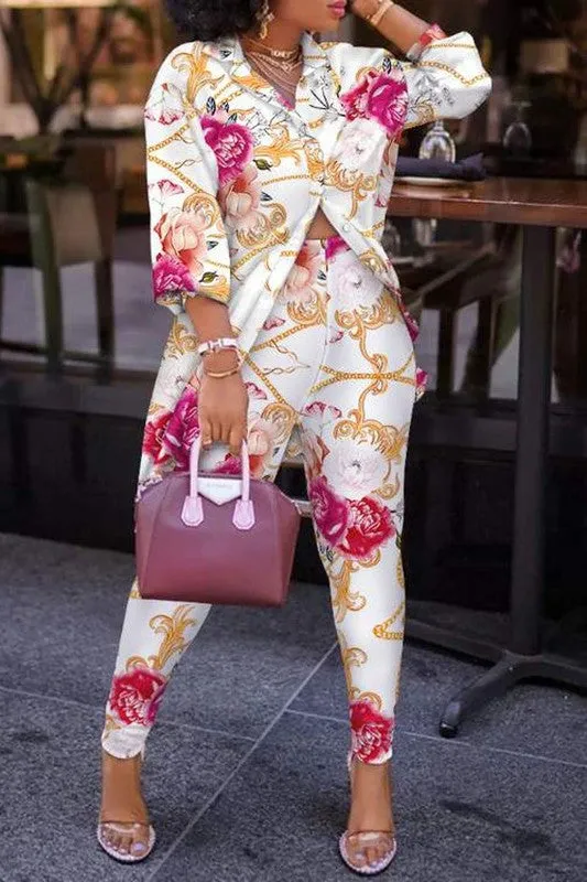 Printed Lantern High Waist Pants Set