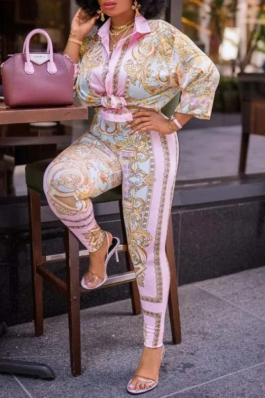 Printed Lantern High Waist Pants Set